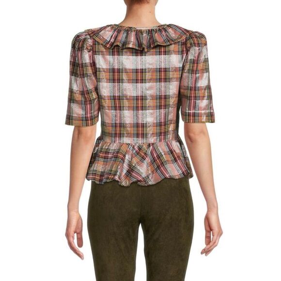 NWT SAYLOR Ilene Metallic Plaid Peplum Cottagecore Top Women's Small - Picture 14 of 14